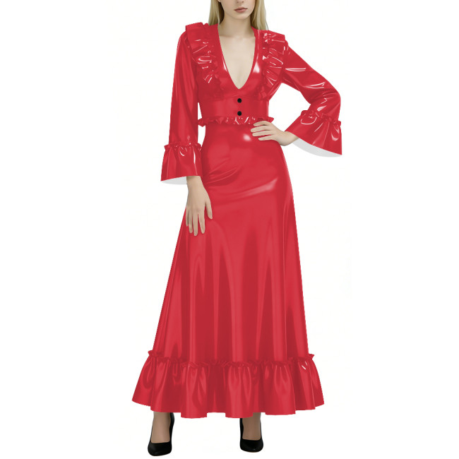 Fashion Elegance Glossy Women Long Dress Sexy Deep V-neck Full Sleeve A-line PVC Shiny Dresses Wetlook Party Dress Evening Gown