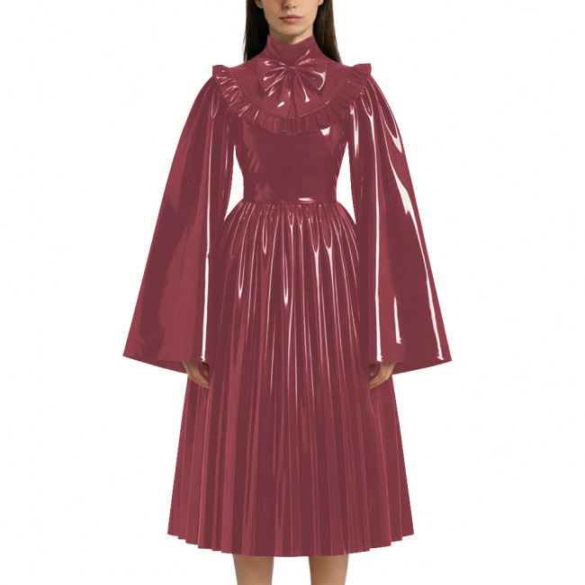 Mens Sissy Shiny PVC Midi Dress Glossy Faux Leather High Neck Bow Flared Long Sleeve Pleated A-Line Dresses Vintage Party Outfit