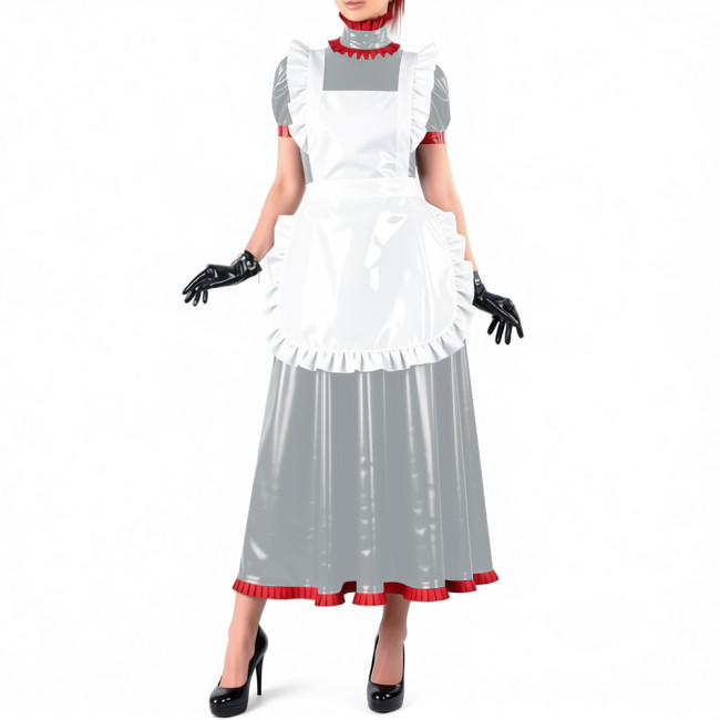 Lockable Maid Long A-line Dresses for Crossdresser Ruffles High Neck PVC Shiny Leather Maxi Maid Uniform Sissy Role Play Outfits