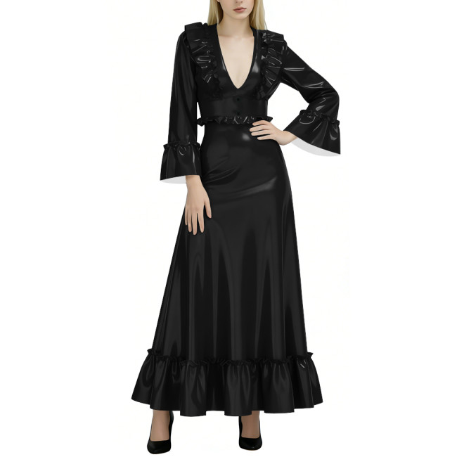 Fashion Elegance Glossy Women Long Dress Sexy Deep V-neck Full Sleeve A-line PVC Shiny Dresses Wetlook Party Dress Evening Gown