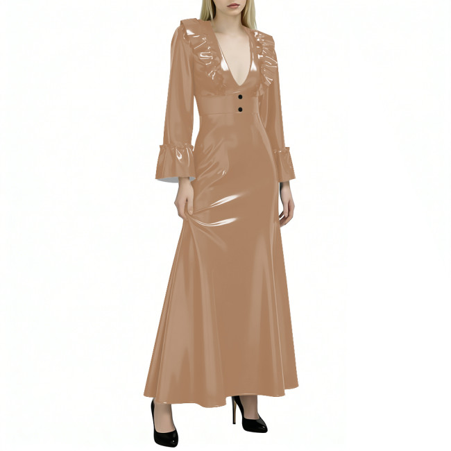 Elegant Flared Long Sleeves Womens Maxi Dress Sexy V Neck PVC Vinyl Leather Ruffled A-line Long Dress Female Streetwear Vestidos