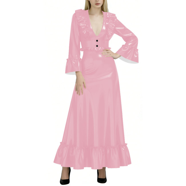 Fashion Elegance Glossy Women Long Dress Sexy Deep V-neck Full Sleeve A-line PVC Shiny Dresses Wetlook Party Dress Evening Gown