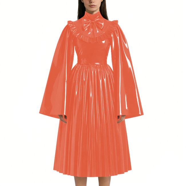 Mens Sissy Shiny PVC Midi Dress Glossy Faux Leather High Neck Bow Flared Long Sleeve Pleated A-Line Dresses Vintage Party Outfit
