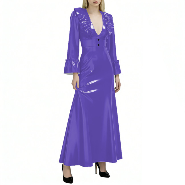 Elegant Flared Long Sleeves Womens Maxi Dress Sexy V Neck PVC Vinyl Leather Ruffled A-line Long Dress Female Streetwear Vestidos