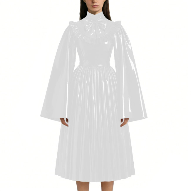 Mens Sissy Shiny PVC Midi Dress Glossy Faux Leather High Neck Bow Flared Long Sleeve Pleated A-Line Dresses Vintage Party Outfit
