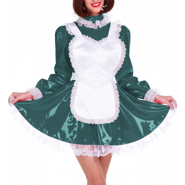 Lockable Shiny PVC French Maid Uniform Sissy Latex-look Halloween Cosplay Outfits High Neck Long Puff Sleeves A-line Dress Sets