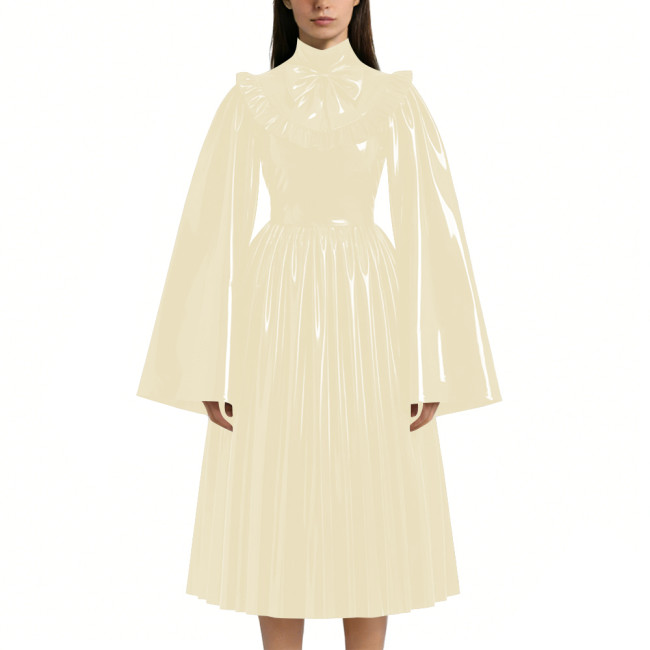 Mens Sissy Shiny PVC Midi Dress Glossy Faux Leather High Neck Bow Flared Long Sleeve Pleated A-Line Dresses Vintage Party Outfit