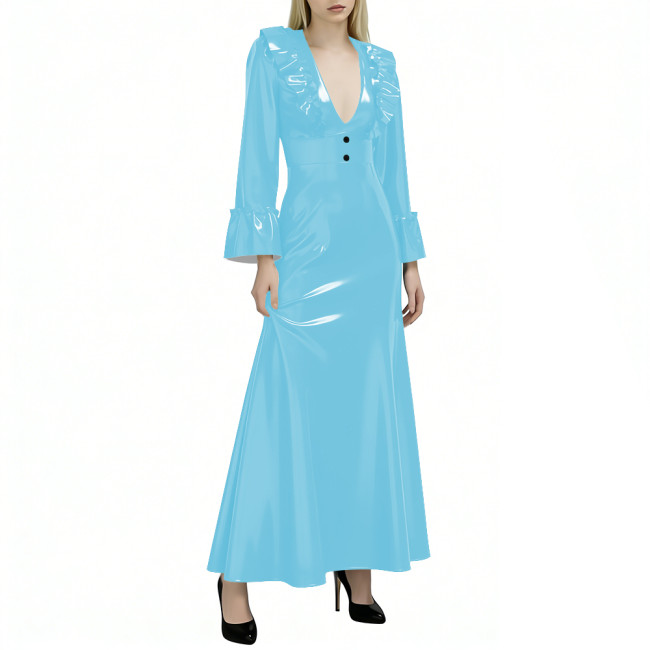 Elegant Flared Long Sleeves Womens Maxi Dress Sexy V Neck PVC Vinyl Leather Ruffled A-line Long Dress Female Streetwear Vestidos