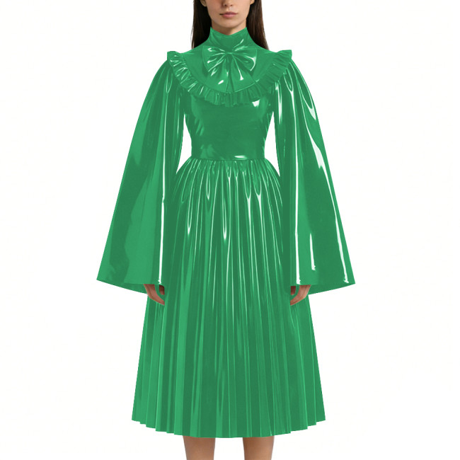 Mens Sissy Shiny PVC Midi Dress Glossy Faux Leather High Neck Bow Flared Long Sleeve Pleated A-Line Dresses Vintage Party Outfit