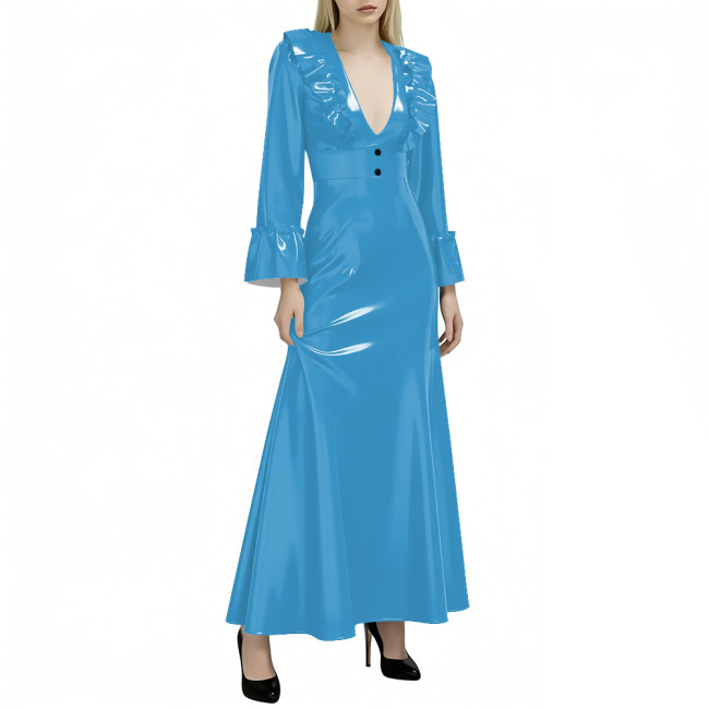 Elegant Flared Long Sleeves Womens Maxi Dress Sexy V Neck PVC Vinyl Leather Ruffled A-line Long Dress Female Streetwear Vestidos