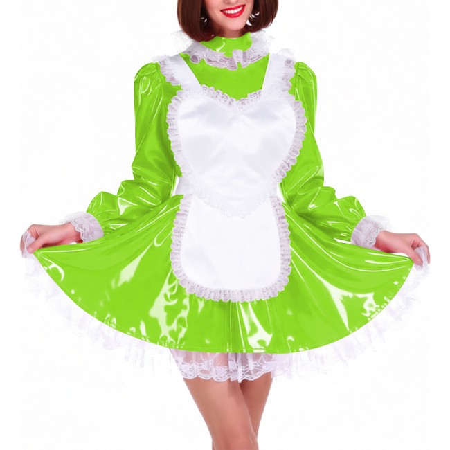 Lockable Shiny PVC French Maid Uniform Sissy Latex-look Halloween Cosplay Outfits High Neck Long Puff Sleeves A-line Dress Sets