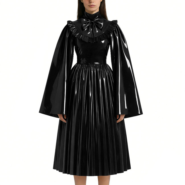 Mens Sissy Shiny PVC Midi Dress Glossy Faux Leather High Neck Bow Flared Long Sleeve Pleated A-Line Dresses Vintage Party Outfit