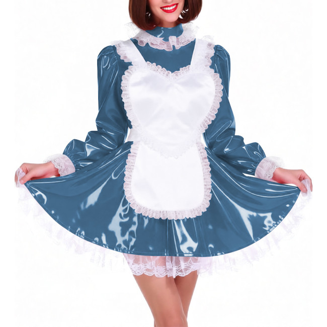 Lockable Shiny PVC French Maid Uniform Sissy Latex-look Halloween Cosplay Outfits High Neck Long Puff Sleeves A-line Dress Sets