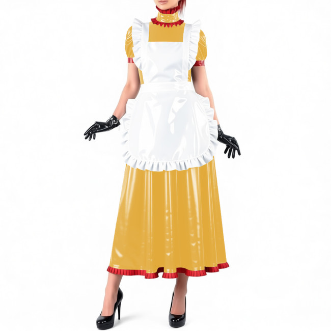 Lockable Maid Long A-line Dresses for Crossdresser Ruffles High Neck PVC Shiny Leather Maxi Maid Uniform Sissy Role Play Outfits