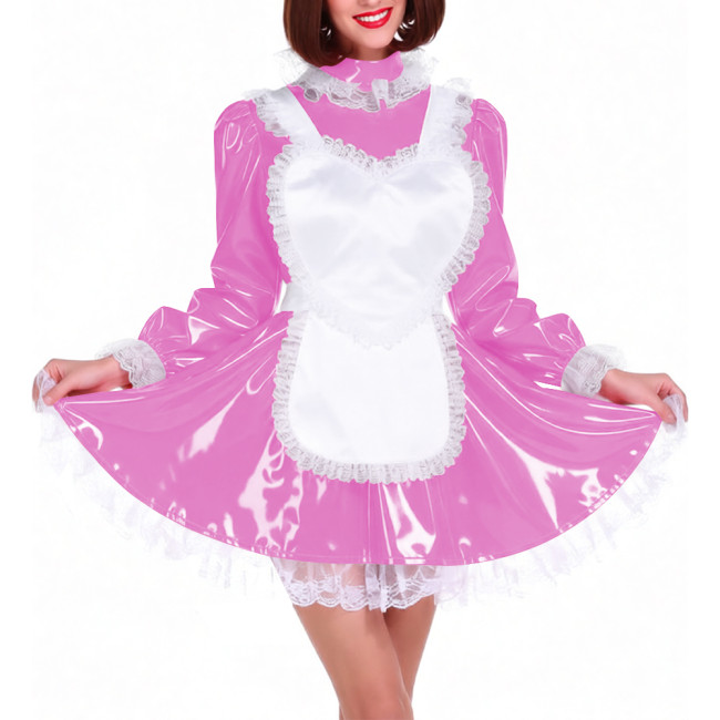 Lockable Shiny PVC French Maid Uniform Sissy Latex-look Halloween Cosplay Outfits High Neck Long Puff Sleeves A-line Dress Sets