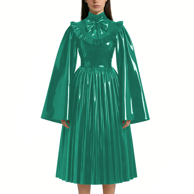 Mens Sissy Shiny PVC Midi Dress Glossy Faux Leather High Neck Bow Flared Long Sleeve Pleated A-Line Dresses Vintage Party Outfit