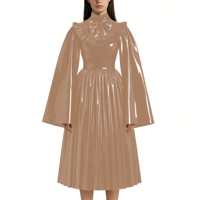 Mens Sissy Shiny PVC Midi Dress Glossy Faux Leather High Neck Bow Flared Long Sleeve Pleated A-Line Dresses Vintage Party Outfit
