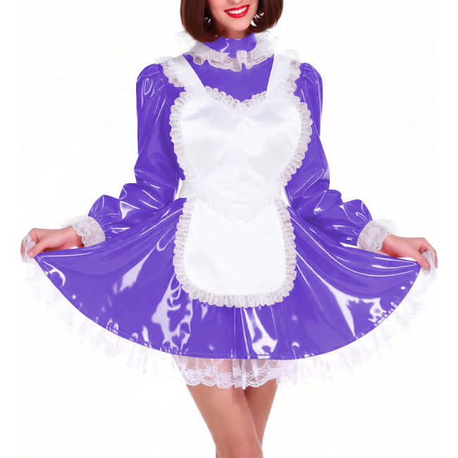Lockable Shiny PVC French Maid Uniform Sissy Latex-look Halloween Cosplay Outfits High Neck Long Puff Sleeves A-line Dress Sets