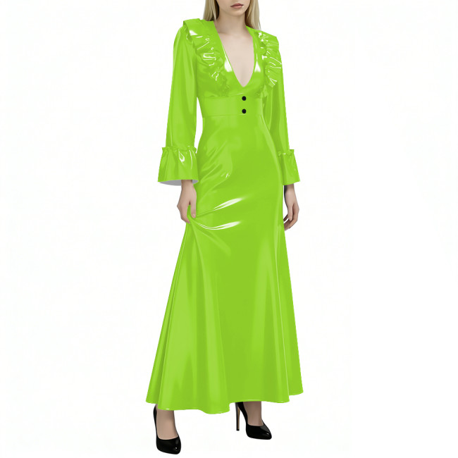 Elegant Flared Long Sleeves Womens Maxi Dress Sexy V Neck PVC Vinyl Leather Ruffled A-line Long Dress Female Streetwear Vestidos