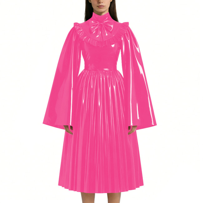 Mens Sissy Shiny PVC Midi Dress Glossy Faux Leather High Neck Bow Flared Long Sleeve Pleated A-Line Dresses Vintage Party Outfit