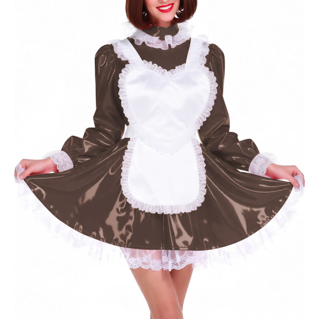 Lockable Shiny PVC French Maid Uniform Sissy Latex-look Halloween Cosplay Outfits High Neck Long Puff Sleeves A-line Dress Sets