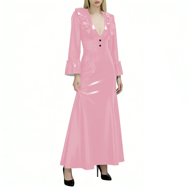 Elegant Flared Long Sleeves Womens Maxi Dress Sexy V Neck PVC Vinyl Leather Ruffled A-line Long Dress Female Streetwear Vestidos