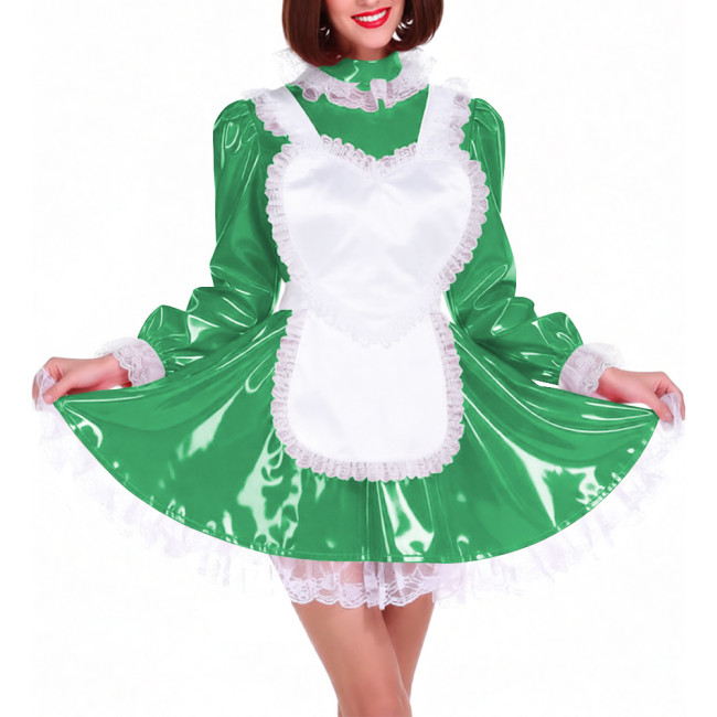 Lockable Shiny PVC French Maid Uniform Sissy Latex-look Halloween Cosplay Outfits High Neck Long Puff Sleeves A-line Dress Sets