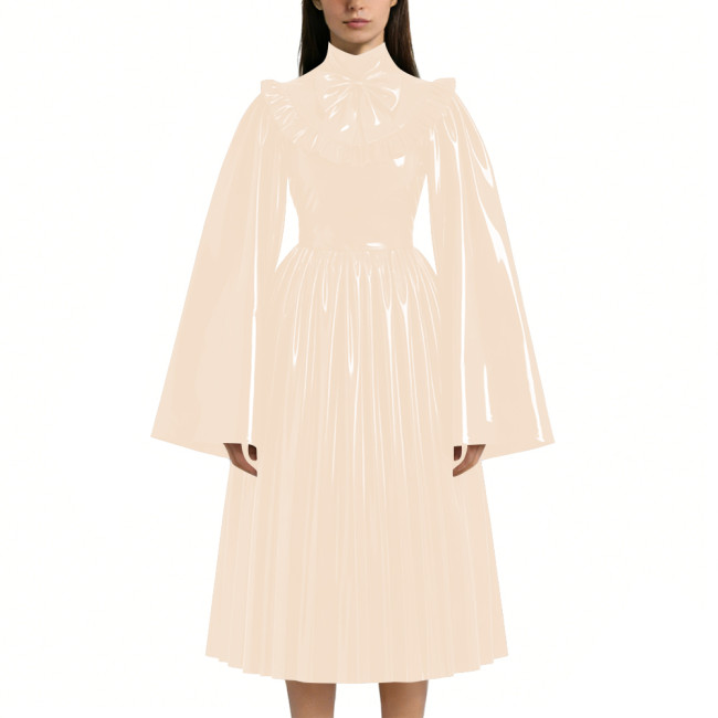 Mens Sissy Shiny PVC Midi Dress Glossy Faux Leather High Neck Bow Flared Long Sleeve Pleated A-Line Dresses Vintage Party Outfit