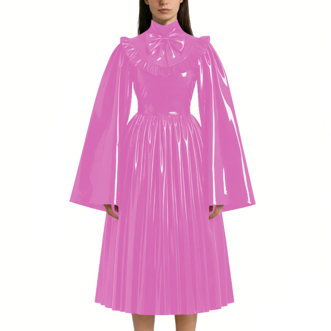 Mens Sissy Shiny PVC Midi Dress Glossy Faux Leather High Neck Bow Flared Long Sleeve Pleated A-Line Dresses Vintage Party Outfit