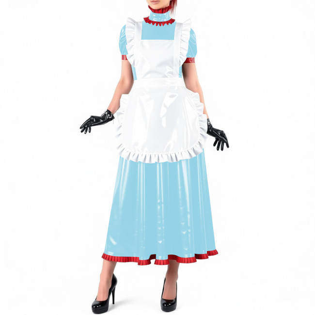 Lockable Maid Long A-line Dresses for Crossdresser Ruffles High Neck PVC Shiny Leather Maxi Maid Uniform Sissy Role Play Outfits