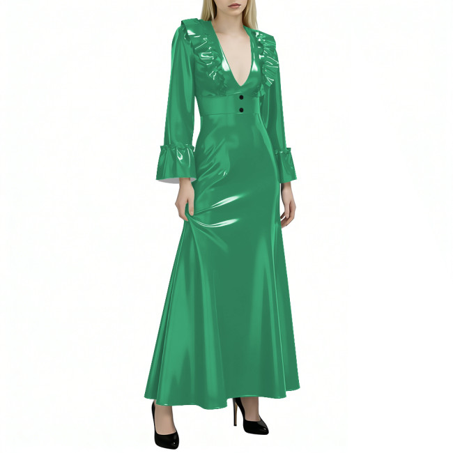 Elegant Flared Long Sleeves Womens Maxi Dress Sexy V Neck PVC Vinyl Leather Ruffled A-line Long Dress Female Streetwear Vestidos