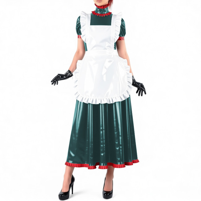 Lockable Maid Long A-line Dresses for Crossdresser Ruffles High Neck PVC Shiny Leather Maxi Maid Uniform Sissy Role Play Outfits