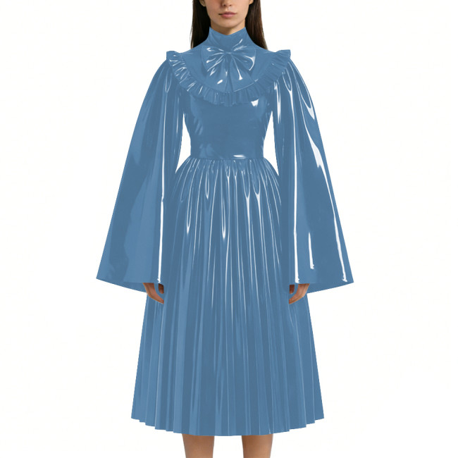 Mens Sissy Shiny PVC Midi Dress Glossy Faux Leather High Neck Bow Flared Long Sleeve Pleated A-Line Dresses Vintage Party Outfit