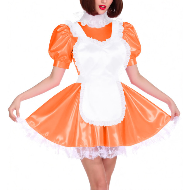 Lace Trim High Neck French Maid Dress Outfits Sissy Puff Short Sleeves Pleated Mini Maid Dress with Apron Themed Parties Costume