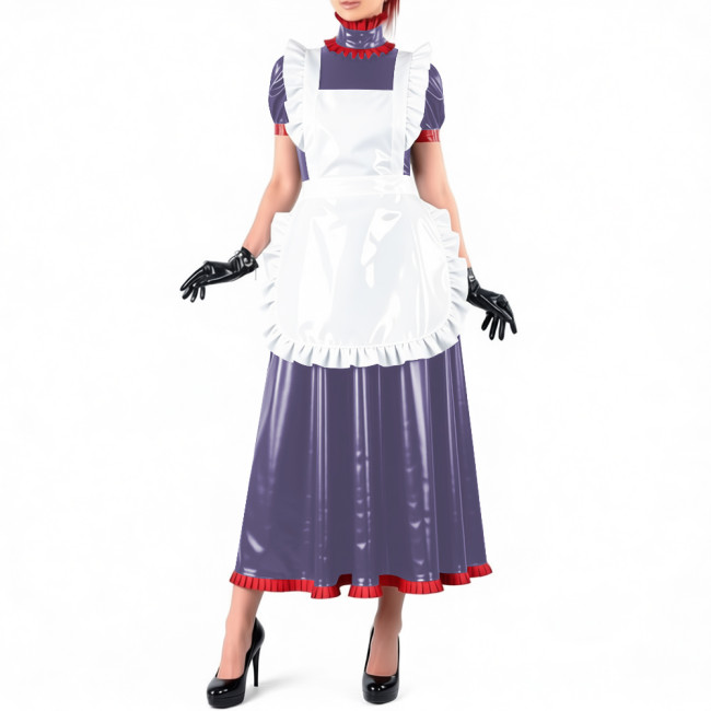 Lockable Maid Long A-line Dresses for Crossdresser Ruffles High Neck PVC Shiny Leather Maxi Maid Uniform Sissy Role Play Outfits