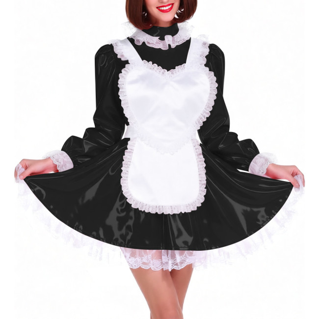 Lockable Shiny PVC French Maid Uniform Sissy Latex-look Halloween Cosplay Outfits High Neck Long Puff Sleeves A-line Dress Sets