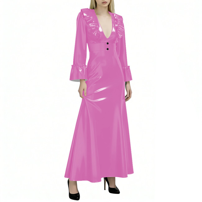Elegant Flared Long Sleeves Womens Maxi Dress Sexy V Neck PVC Vinyl Leather Ruffled A-line Long Dress Female Streetwear Vestidos