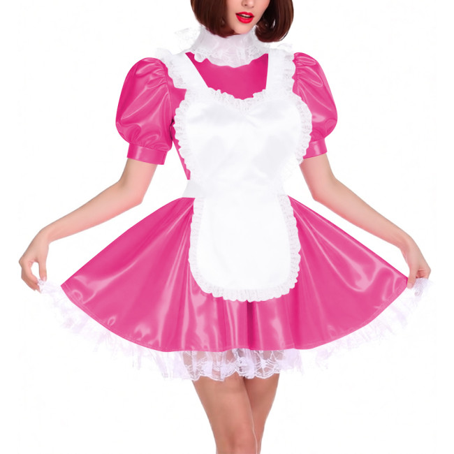Lace Trim High Neck French Maid Dress Outfits Sissy Puff Short Sleeves Pleated Mini Maid Dress with Apron Themed Parties Costume
