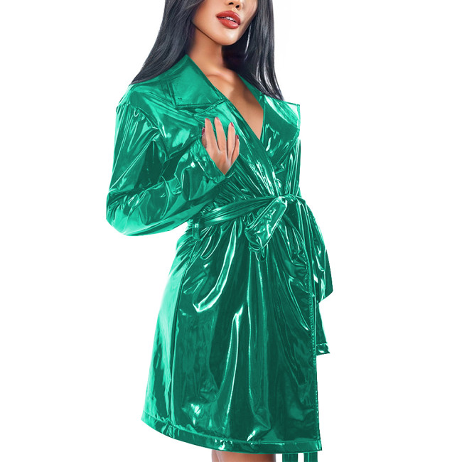 Shiny PVC Trench Coat Women Lapel Collar Long Sleeves Belt Glossy Faux Leather Coat Clubwear Fashion Ladies Street Long Jacket