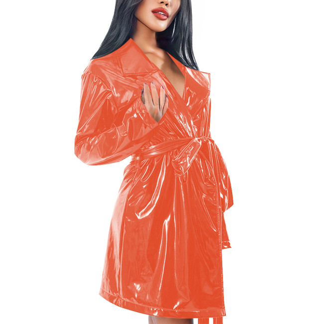 Shiny PVC Trench Coat Women Lapel Collar Long Sleeves Belt Glossy Faux Leather Coat Clubwear Fashion Ladies Street Long Jacket
