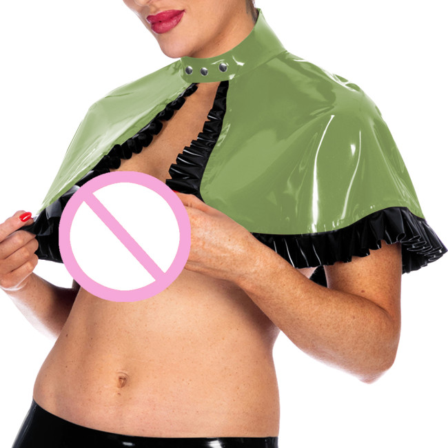 Shiny PVC Ruffles Trim Crop Cloak Multicolor Glossy High Neck Button-up Shawl Nightclub Short Shawl Women Tops Wetlook Clubwear