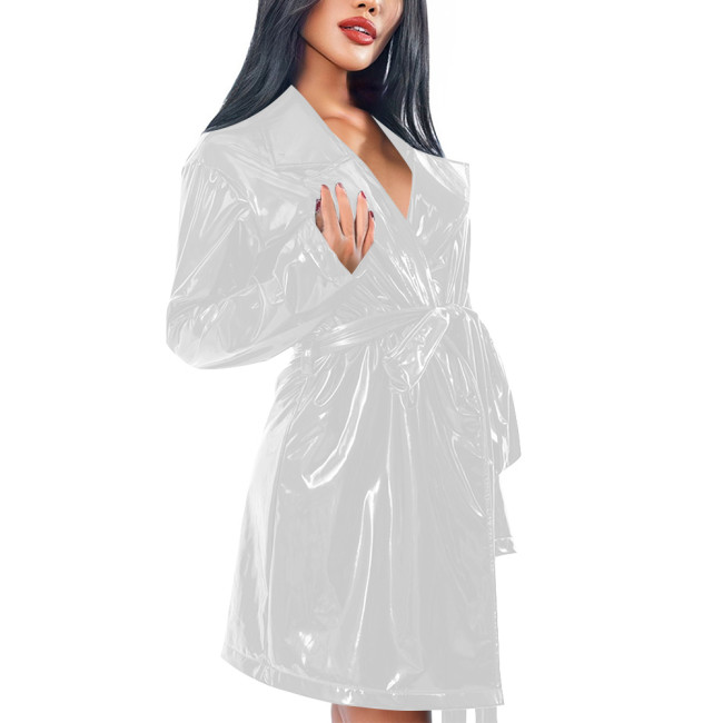 Shiny PVC Trench Coat Women Lapel Collar Long Sleeves Belt Glossy Faux Leather Coat Clubwear Fashion Ladies Street Long Jacket