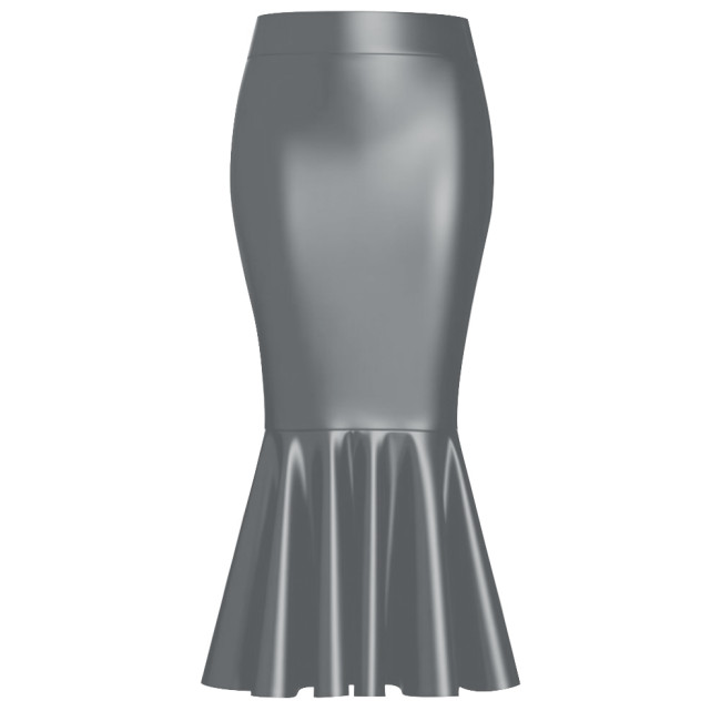 Ladies Matte PU Leather Long Mermaid Skirt Women High Waist Bodycon Flared Skirts Stretchy Ruffle Hem Pencil Skirt Sexy Clubwear