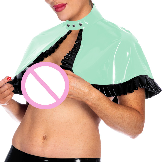 Shiny PVC Ruffles Trim Crop Cloak Multicolor Glossy High Neck Button-up Shawl Nightclub Short Shawl Women Tops Wetlook Clubwear