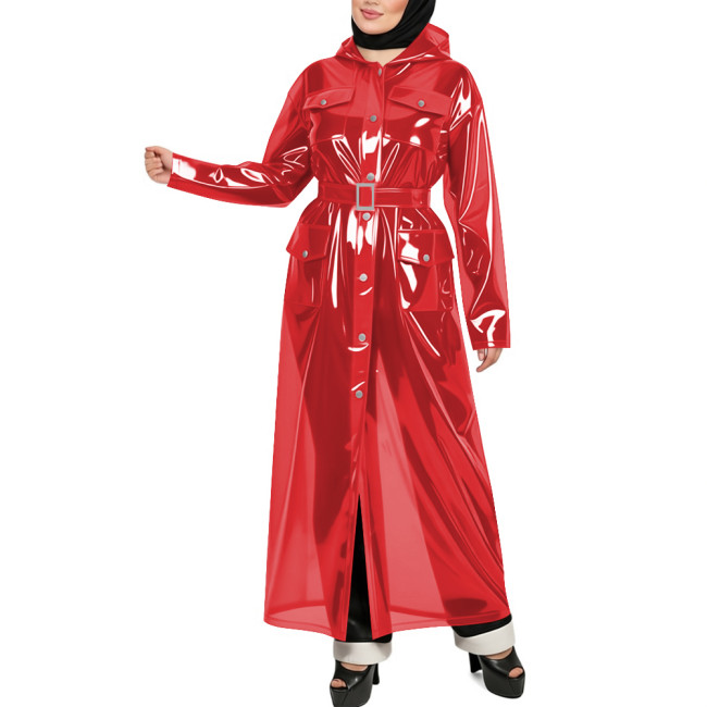 Transparent PVC Plastic Long Trench Coat for Womens Long Sleeves Hooded See Through Rocket Coat Tops Plus Size Club Party Trench