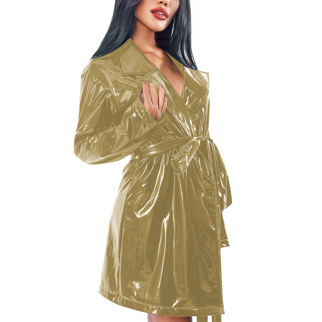 Shiny PVC Trench Coat Women Lapel Collar Long Sleeves Belt Glossy Faux Leather Coat Clubwear Fashion Ladies Street Long Jacket