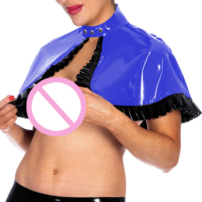 Shiny PVC Ruffles Trim Crop Cloak Multicolor Glossy High Neck Button-up Shawl Nightclub Short Shawl Women Tops Wetlook Clubwear