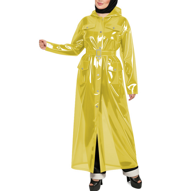 Transparent PVC Plastic Long Trench Coat for Womens Long Sleeves Hooded See Through Rocket Coat Tops Plus Size Club Party Trench