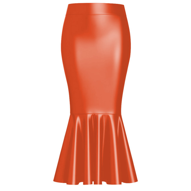Ladies Matte PU Leather Long Mermaid Skirt Women High Waist Bodycon Flared Skirts Stretchy Ruffle Hem Pencil Skirt Sexy Clubwear