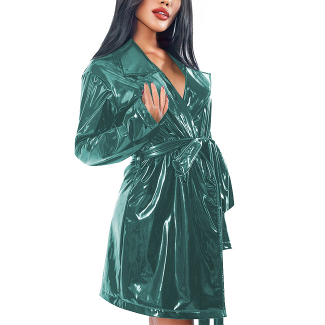 Shiny PVC Trench Coat Women Lapel Collar Long Sleeves Belt Glossy Faux Leather Coat Clubwear Fashion Ladies Street Long Jacket